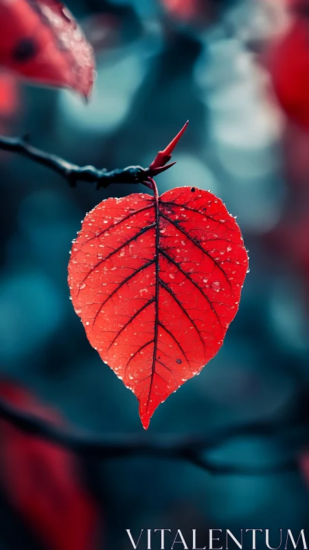 Scarlet heart-shaped leaf with raindrops on teal bokeh.