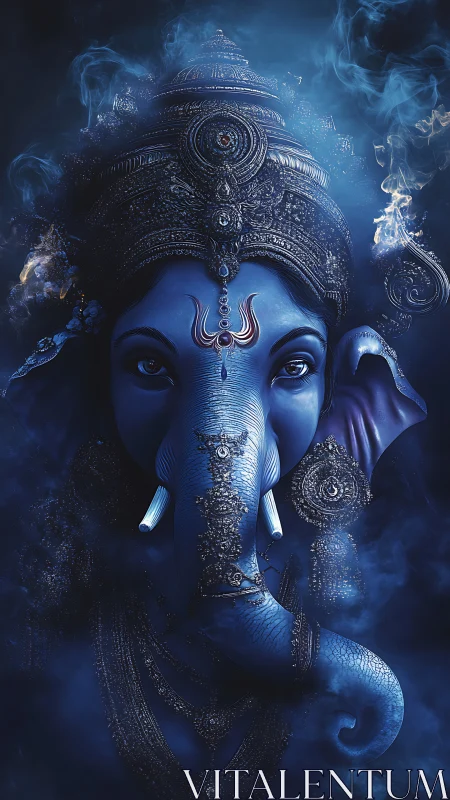 Midnight blue deity with gentle gaze and swirling mist.