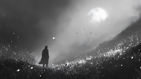 Monochrome wanderer in high-contrast lunar hillside field.