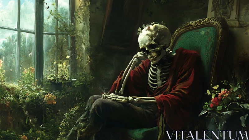 Skeleton in decayed interior facing overgrown window garden.