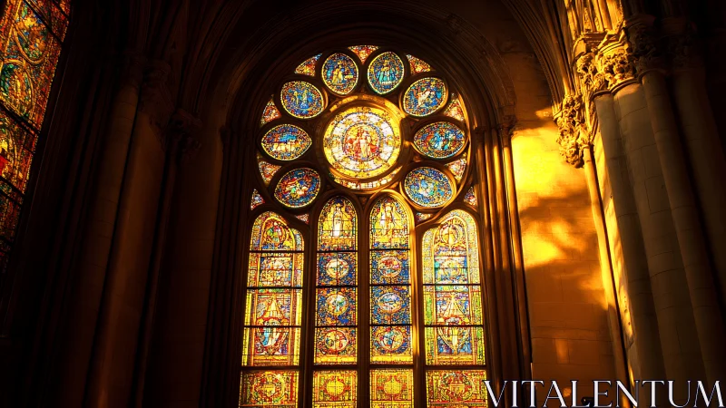 Gothic cathedral stained glass window illuminated by warm light