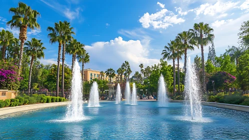 Palm lined urban water fountain pool under blue sky.