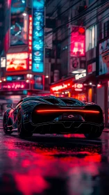 Supercar glows under neon lights on a rain soaked city street