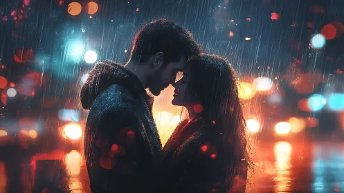 Rainy Urban Romance. Couple embraces in wet city glow.