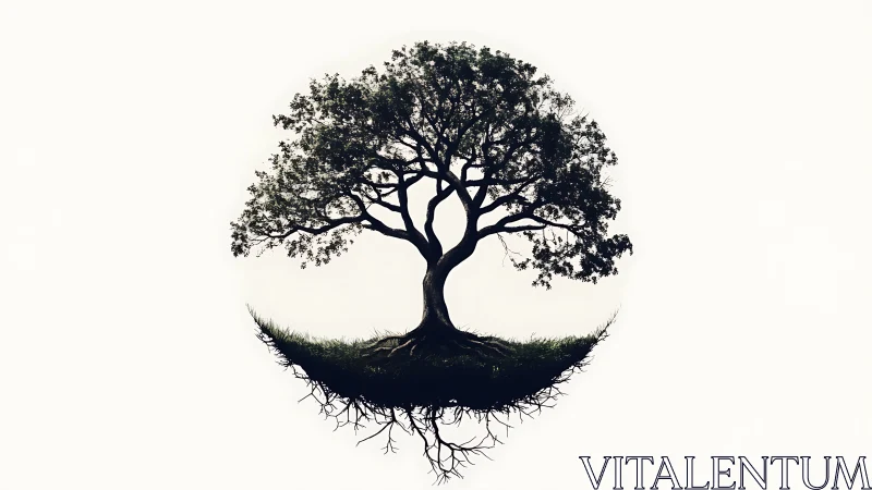 Surreal Floating Tree with Exposed Roots on Minimalist Background.