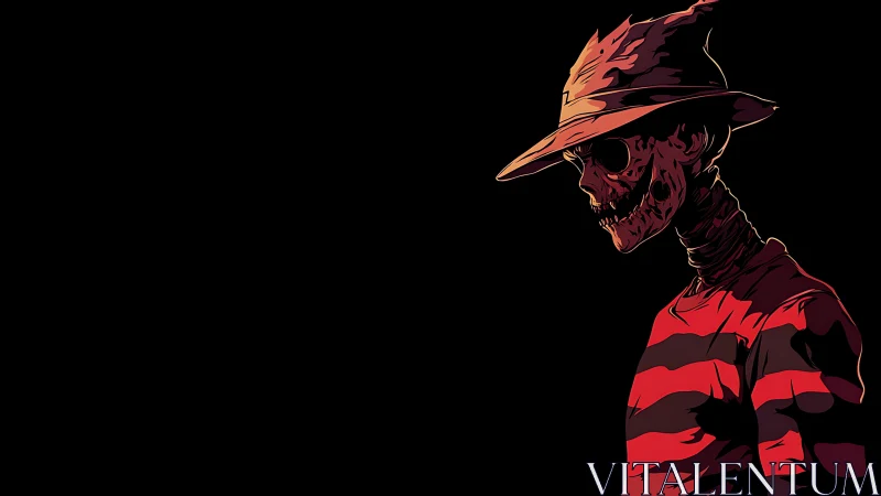 Skeletal figure in striped sweater and hat on black ground.