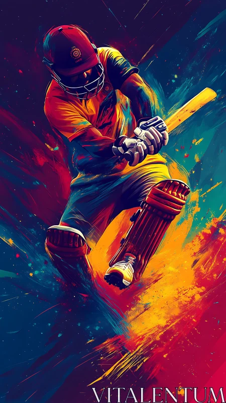 Cricketer swings bat amid neon splashes of kinetic color.
