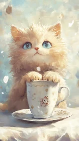 Cream-Colored Fluffy Cat Perched in Porcelain Teacup