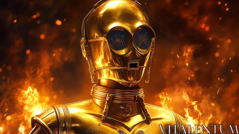 Highly reflective golden android torso rendered amid dynamic fire field