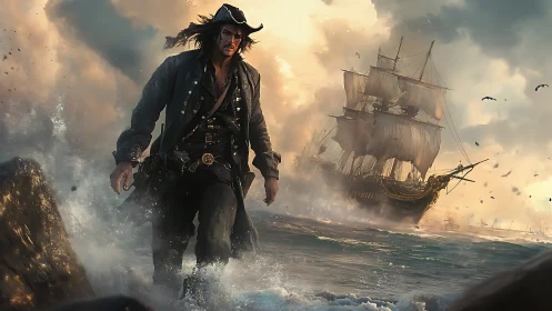 Pirate figure on rocky shore with sailing ship in surf.