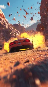 Fiery canyon getaway with a red sports car in full sprint.