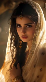 Golden veiled portrait in warm cinematic side lighting.