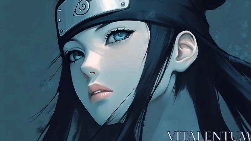 Blue-eyed kunoichi portrait with metal forehead protector.