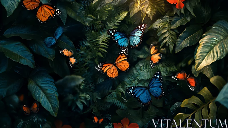 Glowing blue and orange butterflies swirling in lush jungle dusk.