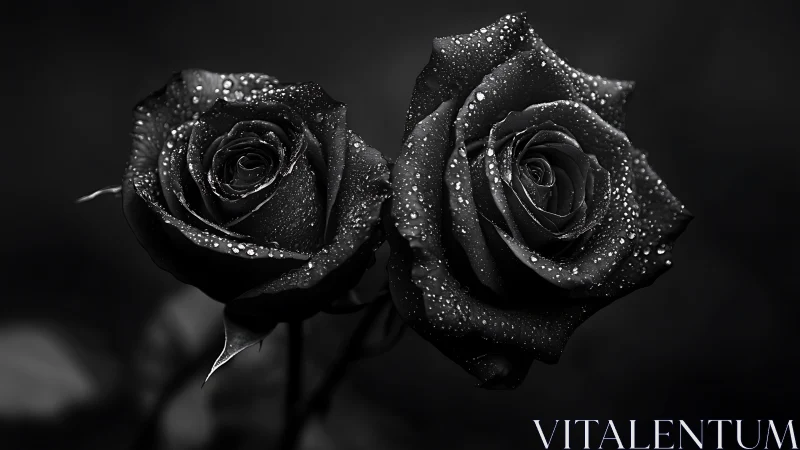 Monochromatic Roses with Dewdrops Against Dark Background.