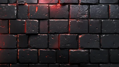 Molten red light seeps through rugged black brick wall