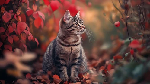 Tabby cat among autumnal foliage and berries.