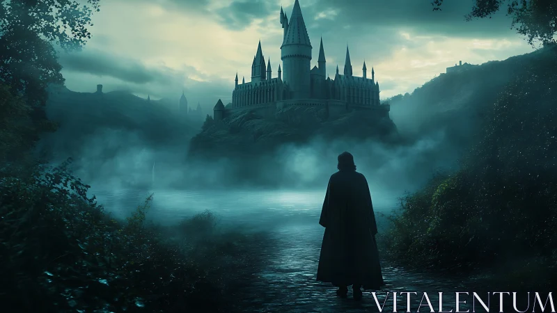 Wanderer gazes at misty cliffside castle at blue dusk.