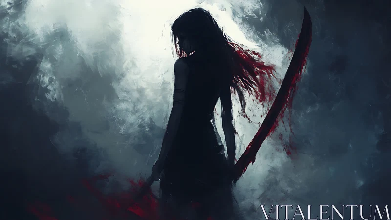 Shadowed warrior stands with bloodied scythe in misty void.