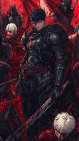 Armored swordsman stands defiant amid a crimson battlefield.