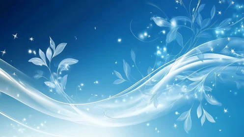 Luminous white vines swirl through a glowing blue sky.