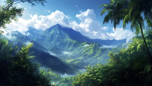 Sunlit jungle valley cradled by distant emerald peaks.
