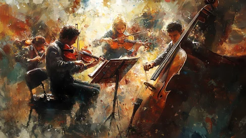Warm string quartet in a glowing swirl of musical color.