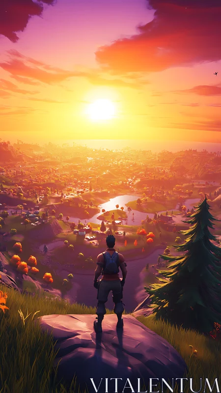 Lone gamer surveys stylized valley landscape at burning sunset