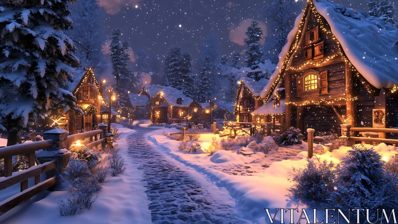 Snowlit village glows while winter cobblestones quietly sparkle