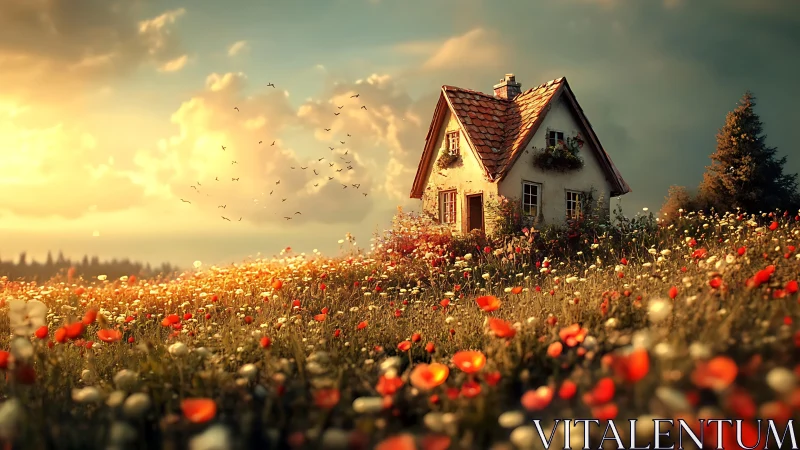 Small cottage in glowing wildflower meadow at sunset.