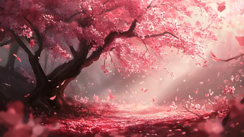 Pink blossom forest path under arching cherry trees.