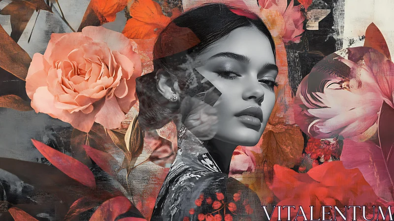 Monochrome muse emerges amid vivid blooming florals in contrast