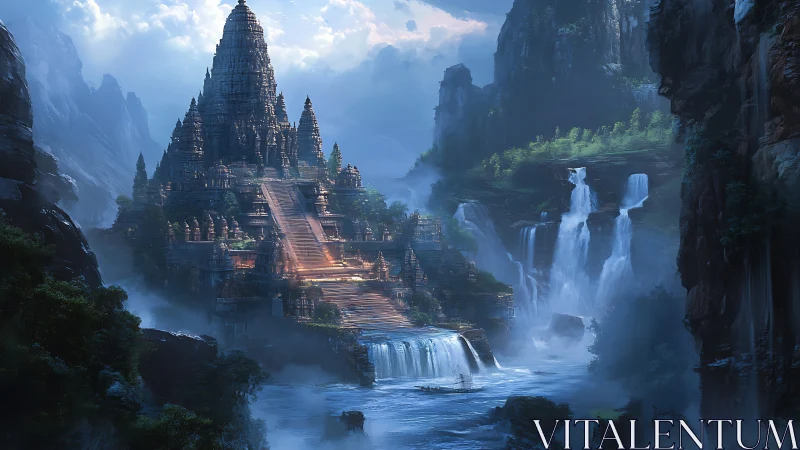 Cascade temple citadel among blue-misted mountain waterfalls.