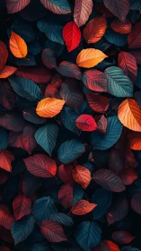 Moody autumn foliage with saturated red and teal leaves.