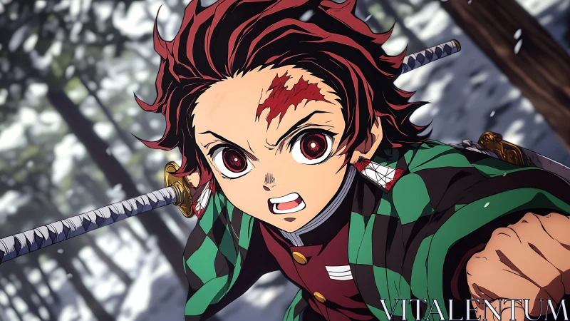 Dynamic anime swordsman in winter forest combat charge