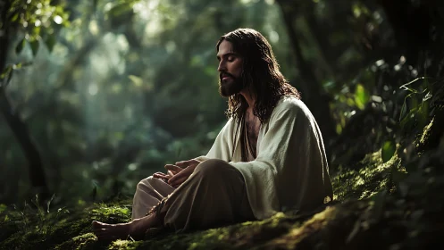 Serene robed figure meditates alone in sunlit forest glade.