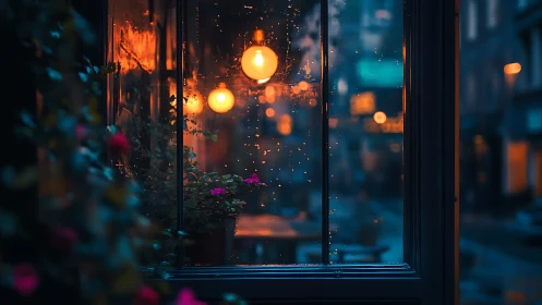 Rainy café window glowing with warm urban bokeh lights.