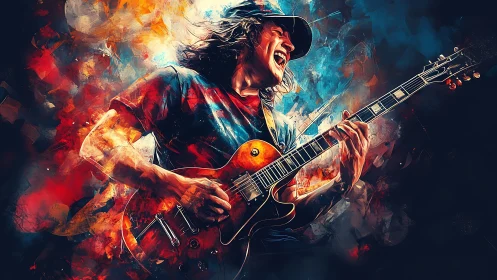 Digital painting of electric guitarist in explosive chromatic motion.