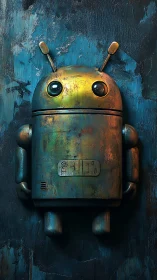Rust-tinted android mascot dreaming in teal shadows.