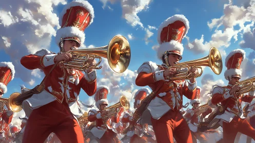 Synchronized marching band brass section under dynamic cumulus sky
