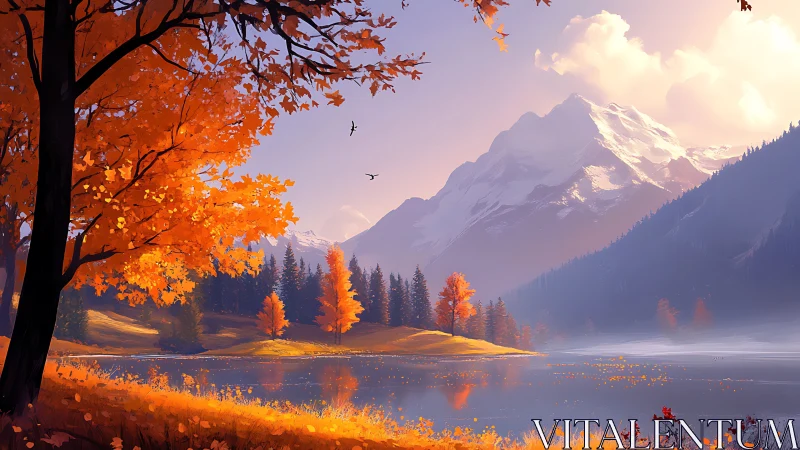 Autumn lake beneath snowcapped mountains at golden hour.