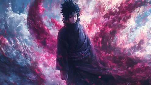 Dark-haired ninja stands amid swirling crimson chakra storm.