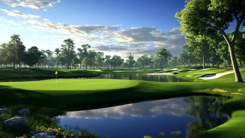 Sunlit championship golf green borders reflective water hazards