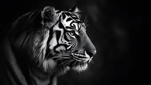 Moonlit monochrome tiger stares through velvet shadow.