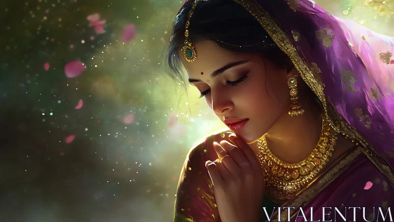 Soft petals orbit a jeweled bride lost in quiet reverie