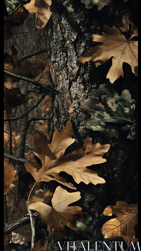 Autumn oak leaves layered against textured tree bark.