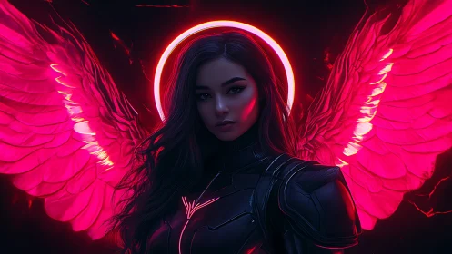 Neon-winged cyber angel in dark armor portrait.