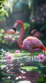 Pink flamingo stands in sunlit lily pond within lush garden