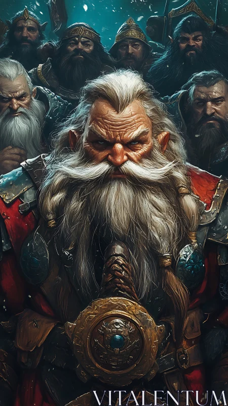 Dwarven warlord portrait in ornate red armor and gold shield.