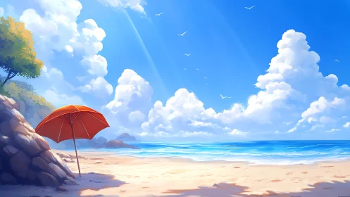 Orange beach umbrella stands on bright shore under clouds